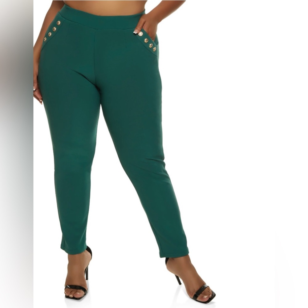 Plus Size Scuba Button Detail Pocket Pants - Hunter
